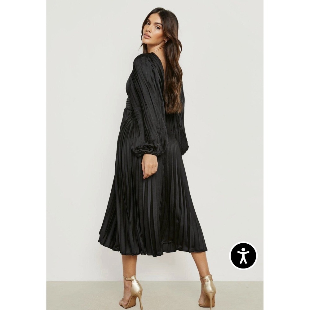 Boohoo Occasion Women's Satin Pleated Plunge Dress Midaxi Black Wedding - Picture 2 of 16